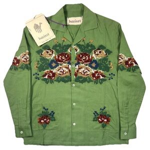 Baziszt Feamal Shirt Embroidered Green Hemp Button Front Shirt Mens XS Handmade